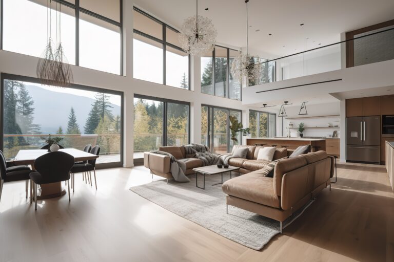 Beautiful living room interior in new luxury home with open concept floor plan. Shows kitchen, dining room, and wall of windows with amazing exterior, Generative AI.