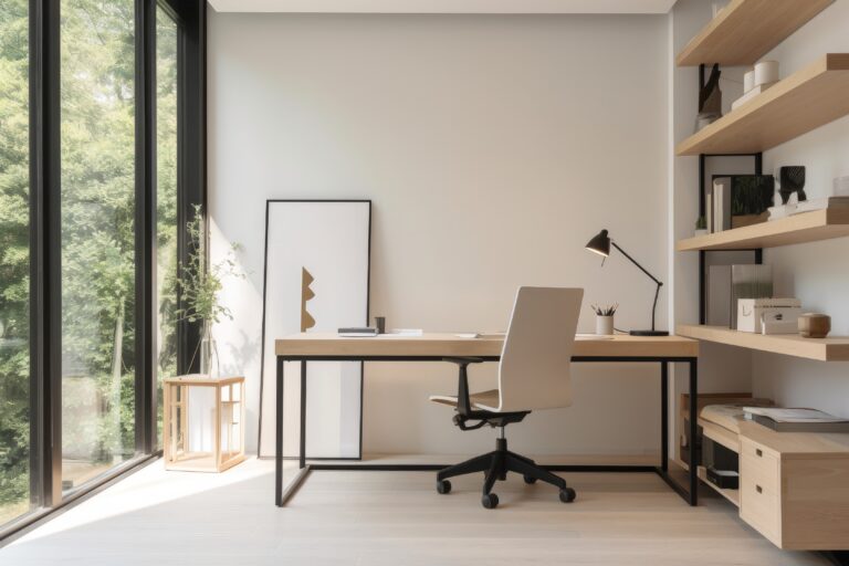 sleek and minimalist home office setup with a sleek desk, ergono