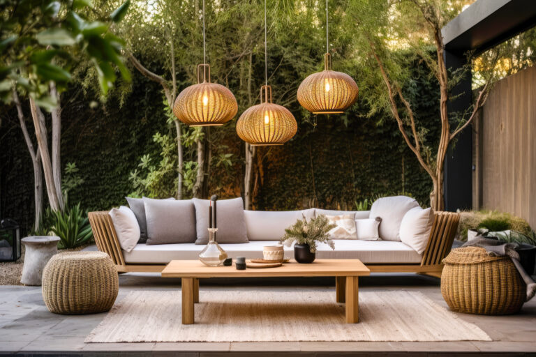 A modern outdoor living room with unique hanging lighting fixtur